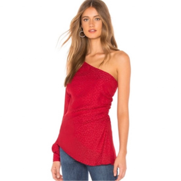 L’ACADEMIE REVOLVE RED PRINTED ONE SLEEVE BLOUSE XS - Picture 3 of 5